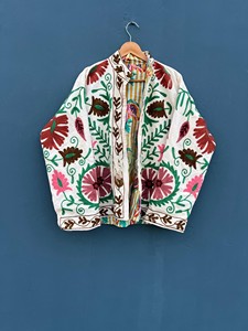 Handcrafted Suzani Embroidery Cotton <b>Jacket</b> Vibrant Reversible Floral Quilted Winter Blazer Open-Front Winter Blazer - Product Image 3