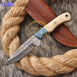 Couteau de chasse personnalisé avec manche en os – Couteau à dépecer à lame fixe en acier Damas forgé à la main avec étui en cuir - Product Image 5