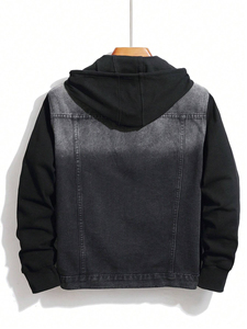 <b>Men's</b> Black Denim <b>Jacket</b> Hood Regular Fit Button <b>Fly</b> Casual Style Solid Pattern Breathable Eco-Friendly Polyester Cotton Fabric - Product Image 2