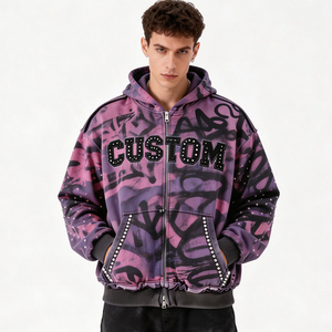 Custom Men's Vintage Washed Hoodie Heavyweight 550 GSM Full Zip Rhinestone Graphic Graffiti Printed Oversized Streetwear - Product Image 5