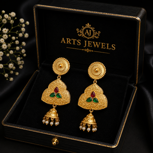 ARTS JEWELS Antique Gold Plated Oxidized Silver Ethnic Jhumka Dangle Earrings Bezel Setting Red Green Synthetic Stones Women - Product Image 3