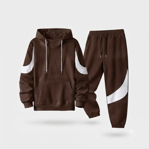 Ensemble de survêtement unisexe marron à capuche coupe-vent style gym léger, manches longues, couleur unie, pantalon de jogging décontracté avec bande blanche - Product Image 4