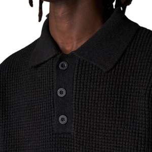 Pull Polo Homme en Maille Gaufrée à Manches Longues Noir Décontracté Col Boutonné Haut Doux Texturé Mélange Coton Personnalisable OEM - Product Image 5