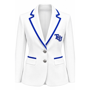 Chaqueta Blazer Blanca Personalizada para Mujer con Ribete Azul Rey, Logotipo Bordado, Uniforme Escolar, de Sororidad, Corporativo, OEM - Product Image 1