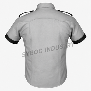 เสื้อเชิ้ตหนังแกะผู้ชาย แขนสั้น สีทูโทน เทา-ดำ แต่งอีโปเล็ต สไตล์ยูนิฟอร์ม หนังลูกแกะ เสื้อคลับแวร์ - Product Image 6