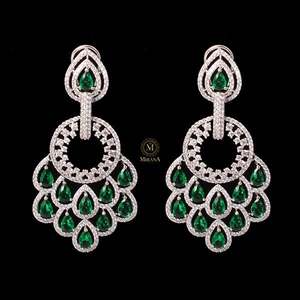 Nihara Peacock Feather Emerald Green Pendant Chandelier Earrings with Pearl - Product Image 3