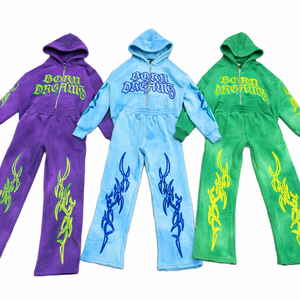 Custom Street Fashion Sweatsuit <b>Lightweight</b> Polyester Breathable Vintage <b>Hoodie</b> Jogger Set Embroidered Logo Unisex OEM ODM Bulk - Product Image 5