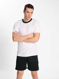 Men's <b>White</b> Sport T-Shirt With Black Geometric Print And Black Shorts Set Quick Dry Knitted Polyester Summer Gym Wear - Product Image 2