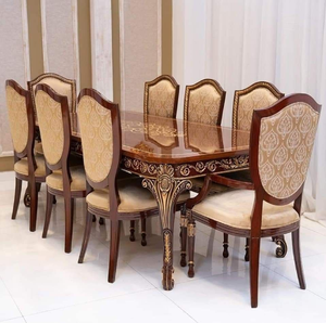 European champagne gold <b>dining</b> table <b>set</b> with pearl tufted leather <b>chairs</b> and carved legs, available at wholesale prices. - Product Image 6