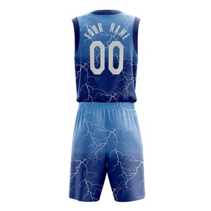 Conjunto de Uniforme de Baloncesto Sublimado Personalizado, Cuello en V, Sin Mangas, Absorbente de Humedad, Unisex, para Adultos, con Estampado de Rayos Azules - Product Image 3