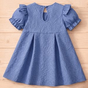 Robe pour filles bleue texturée à nœud sur le devant et manches bouffantes - Product Image 4