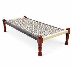 Ornate wooden charpai <b>bench</b> with a vibrant yellow and blue geometric woven rope design, available at wholesale prices. - Product Image 3