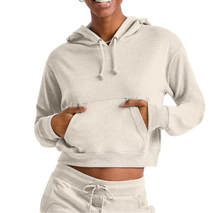 Sudadera con Capucha Corta para Mujer, Sudadera con Bolsillo Canguro, Manga Larga, Estilo Casual, Color Beige - Product Image 1