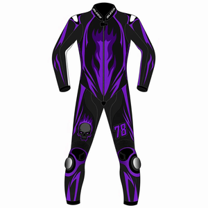 Traje de Motociclismo de Cuero Vacuno/Canguro para Hombre, Modelo Purple Flame Skull, Mono de Carreras, con Protección CE OEM - Product Image 1