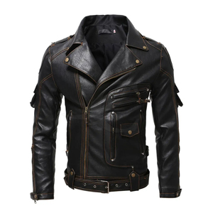 Blouson moto en cuir PU noir pour homme, col rabattu, fermeture éclair, manches classiques, coupe ajustée, coupe-vent, automne - Product Image 1