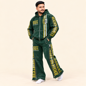 Ensemble de survêtement streetwear vert foncé personnalisé Rexfit Sports 2026 pour homme, avec sweat à capuche zippé à appliques cloutées et sweat-shirt oversize style hip-hop - Product Image 2