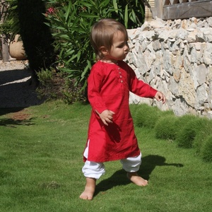 Indian Style Red Long Summer <b>Kaftan</b> Crafted By 100% Soft Cotton Featuring With Beautiful Embroidery Long Sleeves & Front Buttons - Product Image 2