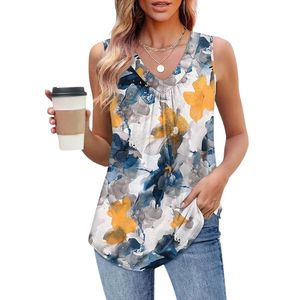 Haut pour femme, coupe ample, sans manches, col en V, vêtements d'été, t-shirts et débardeurs froncés pour femme, ourlet incurvé - Product Image 1