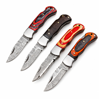 Couteaux de poche pliants Burraq en acier Damas avec étui en cuir pour camping en extérieur, bricolage, OEM, manche multicolore, pointe tombante, lame droite
