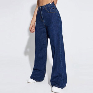 Jeans de mezclilla azul oscuro de cintura alta y pierna ancha para mujer, pantalones casuales de algodón de ajuste holgado de longitud completa con cierre de botones y patrón liso. - Product Image 5