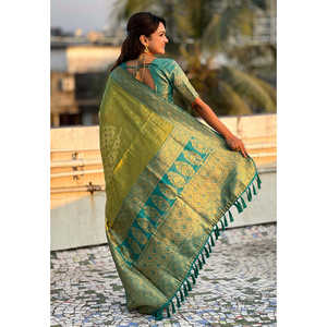 Sari de Tela Verde Puro con Tejidos en Contraste para Fiesta, Estilo Jumpsuit - Product Image 3