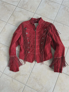 Chaqueta de Motociclista de Cuero Rojo con Flecos para Mujer, Marca Fazmax, Cuello Camisero, Cierre de Cremallera, Manga Larga, Estilo Occidental, para Otoño - Product Image 3