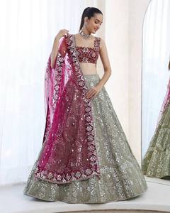 Women Traditional Indian Wedding Lehenga Set Embroidered <b>Silver</b> Skirt Maroon Blouse Floor-Length Silk <b>Dress</b> Regular Fit Digital - Product Image 6