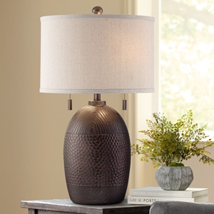 Luxury design Bronze <b>Table</b> <b>Lamp</b> Textured Metal <b>Base</b> Linen Fabric Shade Elegant Bedside Nightstand Light Home Decor Accent - Product Image 5
