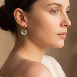 <b>Gold</b> Hoop <b>Earrings</b> with Green Jade Donut Charm Minimalist <b>Dangle</b> Boho Chic Jewelry Gift for Women - Product Image 2