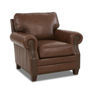Fauteuil en cuir de vachette véritable, chaise d'appoint en cuir véritable avec accoudoirs roulés et garniture cloutée, mobilier de salon - Product Image 1