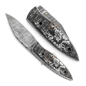 Couteau pliant de camping en acier Damas de qualité industrielle OEM personnalisé - Lame droite gravée au laser, manche en os de chameau 0,5 mm - Product Image 1