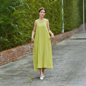 Vestido largo bohemio de mezcla de algodón y lino para mujer, color verde lima, sin mangas, corte holgado, transpirable, vestido largo de verano - Product Image 3