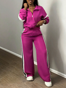 Ensemble de survêtement pour femme en coton délavé, veste zippée unie et pantalon de jogging, respirant, extensible, pour le sport et la gym - Product Image 5