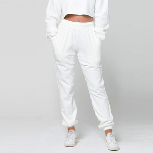Women <b>White</b> Cotton <b>Tracksuit</b> Set Crew Neck Crop Top Full Length Pants Elastic Waist Loose Fit Casual Wear Spring Style - Product Image 3
