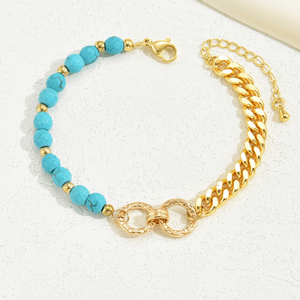 Lussuoso Bracciale da Donna con Doppio Anello, Turchese, Multi-Catena e Perline Miste, Stile Creativo Instagram per Vacanze e Regali di Appuntamento - Product Image 1