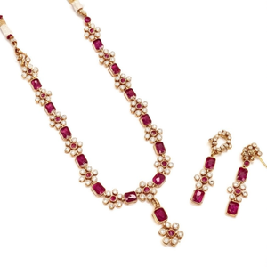 <b>Ruby</b> Short Gold Plated Diamond <b>Necklace</b> Set-Vintage Wedding Fine Jewelry - Product Image 2