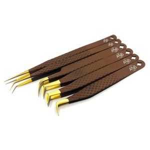 Pinces à cils marron chocolat, pointes plaquées or, logo personnalisé, outils professionnels pour extensions de cils - Product Image 2