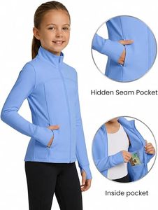 เสื้อแจ็คเก็ตวอร์มอัพสำหรับเด็กผู้หญิง สีฟ้า แขนยาว มีซิป สำหรับเต้นรำ ฝึกซ้อม ออกกำลังกาย สามารถปรับแต่งได้ เหมาะสำหรับนักกีฬา - Product Image 2
