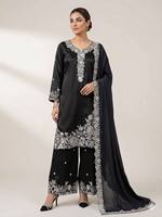 TENNECY Ensemble de soirée pour femme en crêpe de soie avec broderie à sequins, réversible, extensible, infroissable, longueur ras du sol, comprenant un haut de travail, un pantalon palazzo et un dupatta