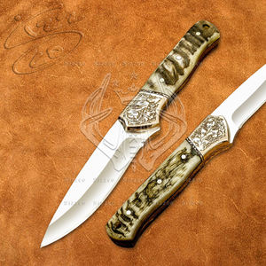 Handmade D2 Steel Fixed Blade Skinning Knife for Hunting Camping Beautiful Leather Sheath Horn Engraved Handle Customizable OEM - Product Image 1