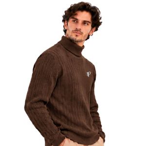 Pull col roulé marron chocolat foncé pour homme, tricot côtelé, manches longues, chaud, col montant, décontracté, tendance, pour l'hiver - Product Image 2