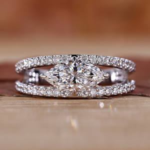 Marquise Cut Lab Grown Diamond Engagement <b>Ring</b> <b>Set</b> 14K White <b>Gold</b> Double Band Pave Bridal <b>Ring</b> For Women - Product Image 1