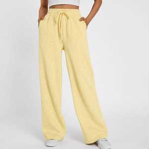 <b>Womens</b> Soft Yellow Wide Leg Sweatpants Mid Waist Drawstring Loose Fit <b>Lounge</b> <b>Trousers</b> Casual Comfortable Streetwear - Product Image 1