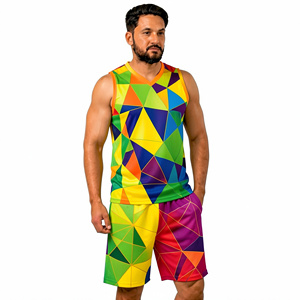 Conjunto de camiseta sin mangas y pantalones cortos con estampado geométrico para hombre, cuello en V, de secado rápido, tejido de poliéster, estilo deportivo, para verano. - Product Image 2