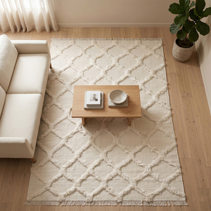 พรมปูพื้น DECORDEC รุ่น Custom Ivory Wool High Low Textured Trellis ลายเพชรนูน  พร้อมพู่กันกันลื่นและเป็นมิตรกับสิ่งแวดล้อม - Product Image 2