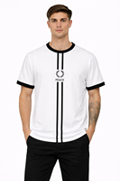T-shirt graphique blanc pour homme – Coton de qualité supérieure, coupe classique, manches courtes avec col et bordure des manches contrastants en noir et rayures verticales