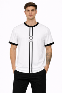 <b>Men</b>’s <b>White</b> Graphic T <b>Shirt</b> – Premium Cotton Regular Fit <b>Short</b> <b>Sleeve</b> with Black Contrast Collar and <b>Sleeve</b> Trim Vertical Stripe - Product Image 4