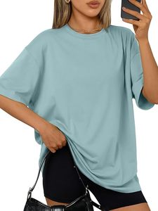 <b>Women's</b> Oversized Solid Crew Neck Short Sleeve Loose Fit 100% Cotton Jersey T-Shirt Spring Summer Breathable Casual <b>Top</b> - Product Image 1