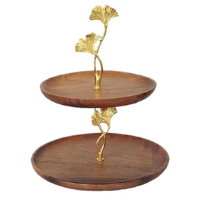 2-<b>Tier</b> Natural Acacia Wood <b>Cake</b> Stand With Gold Brass Leaf Handle Elegant Dessert Display Serving Tray For Weddings Parties - Product Image 2