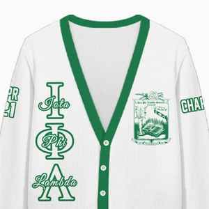 Cardigan tricoté personnalisé pour femmes Iota Phi Lambda, blanc et vert émeraude, avec lettres, blason, numéro et année, boutonné sur le devant - Product Image 4